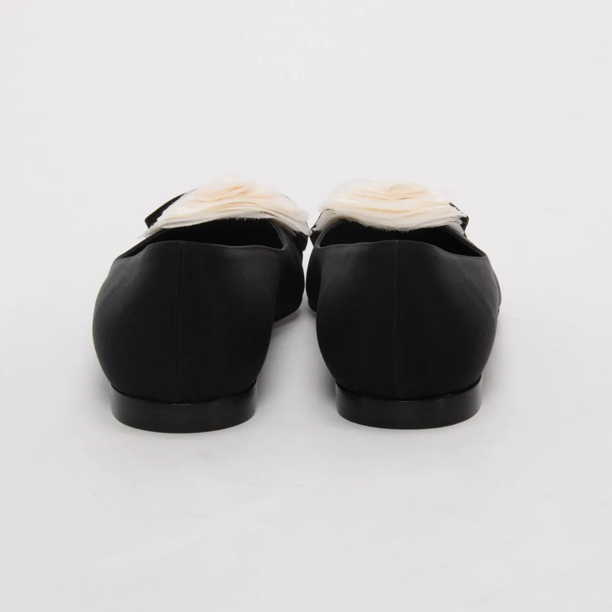 Chanel Black Crepe Camellia Bow Ballerina Flats 37.5