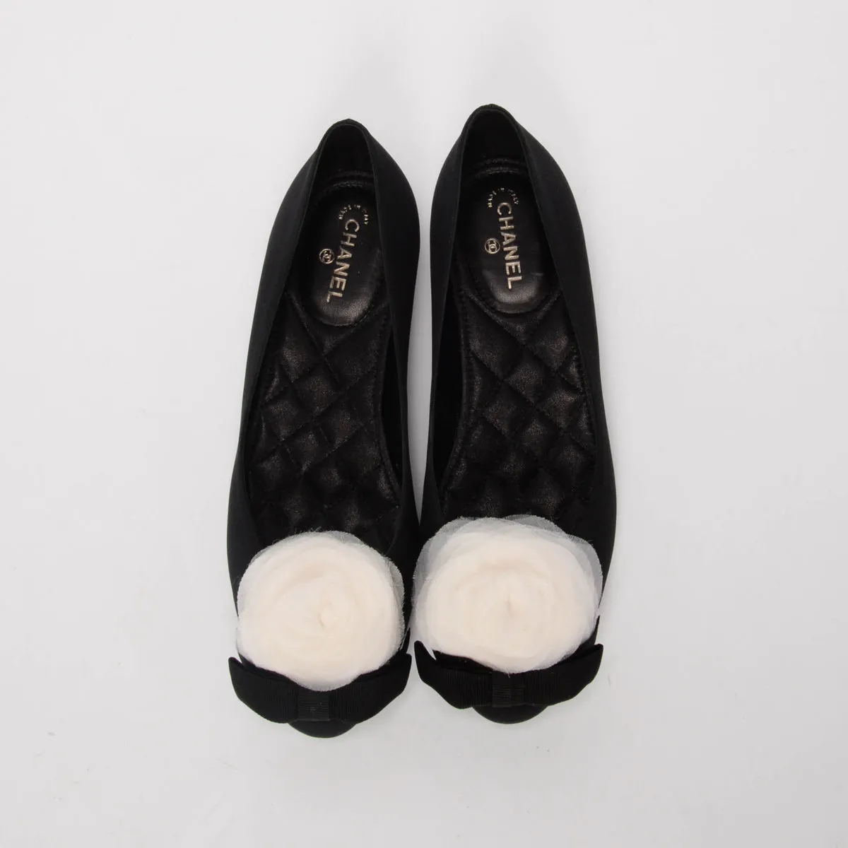 Chanel Black Crepe Camellia Bow Ballerina Flats 37.5