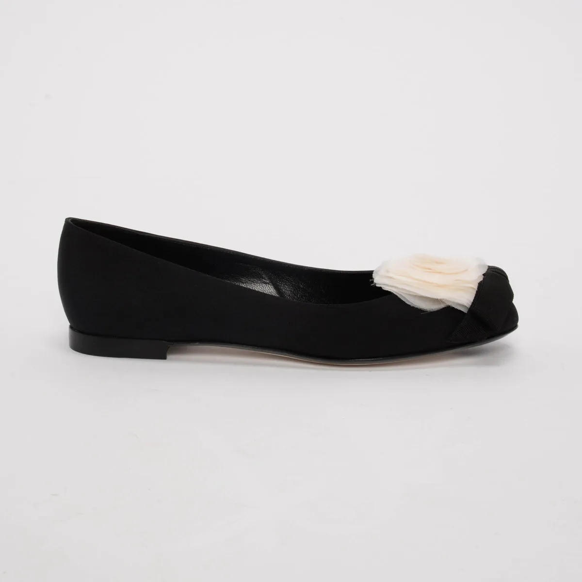 Chanel Black Crepe Camellia Bow Ballerina Flats 37.5