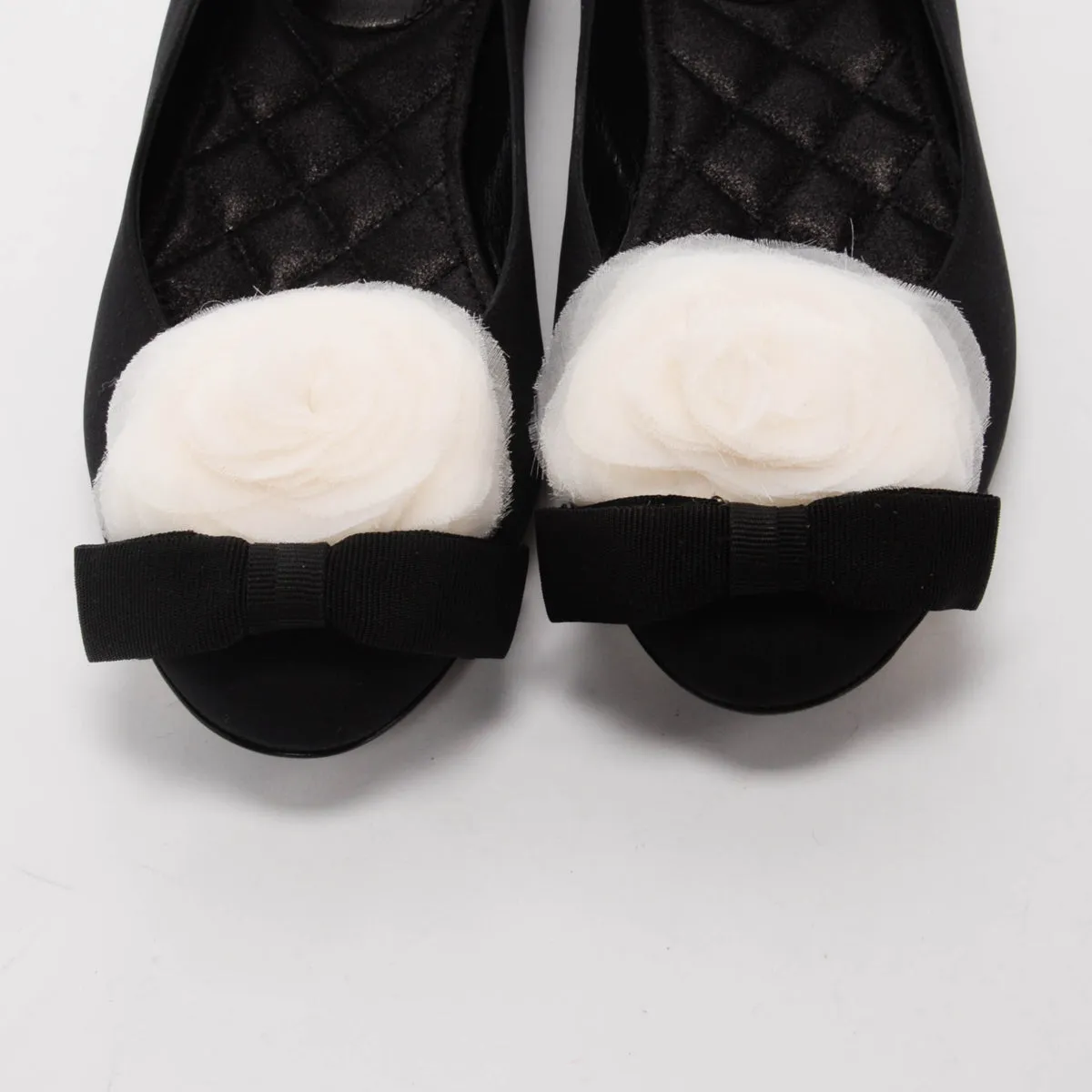 Chanel Black Crepe Camellia Bow Ballerina Flats 37.5