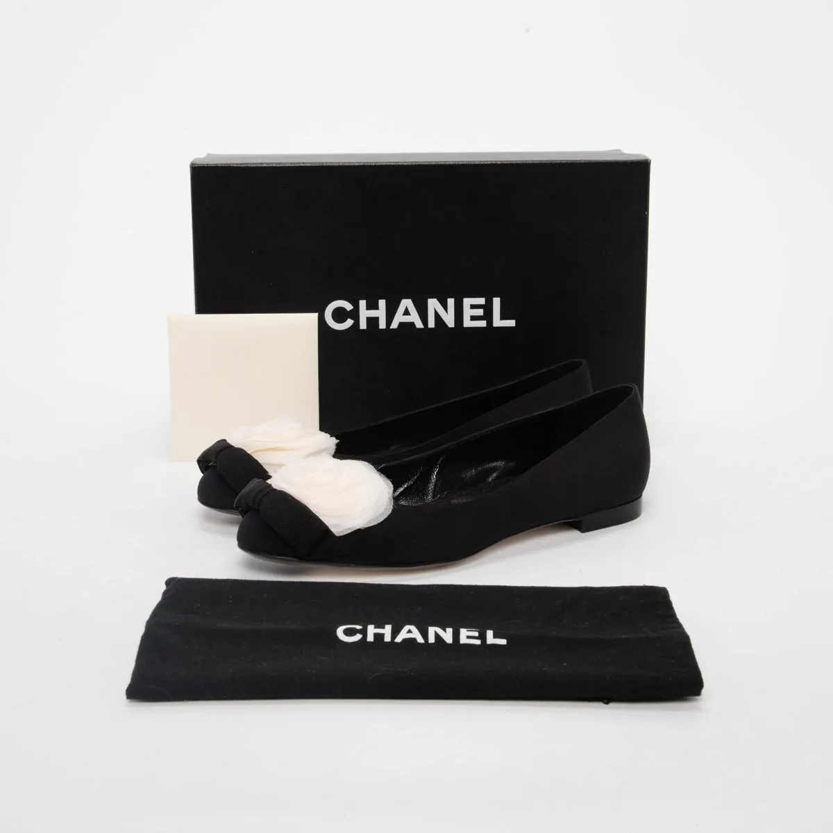 Chanel Black Crepe Camellia Bow Ballerina Flats 37.5