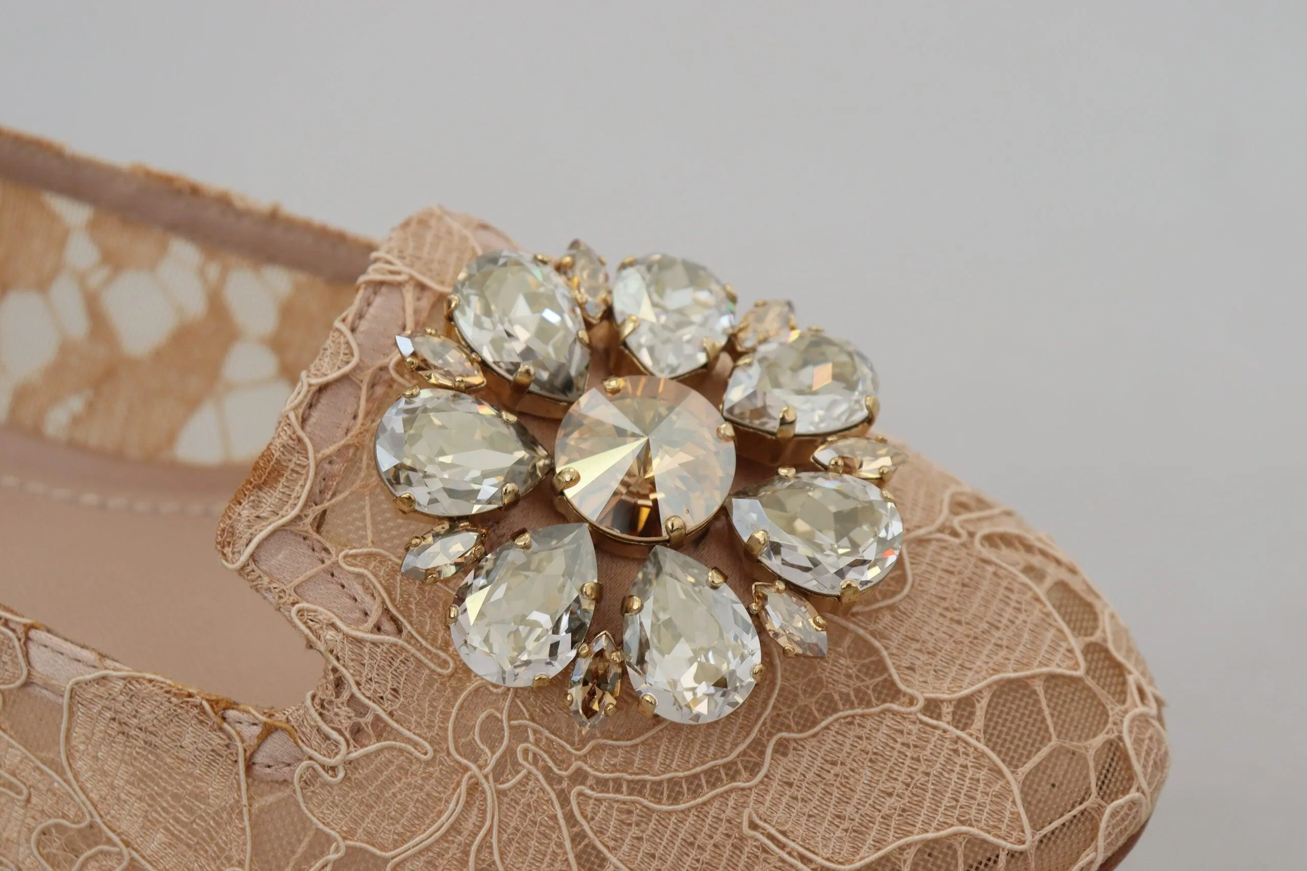Dolce & Gabbana Beige Taormina Lace Crystals Ballet Flats Shoes
