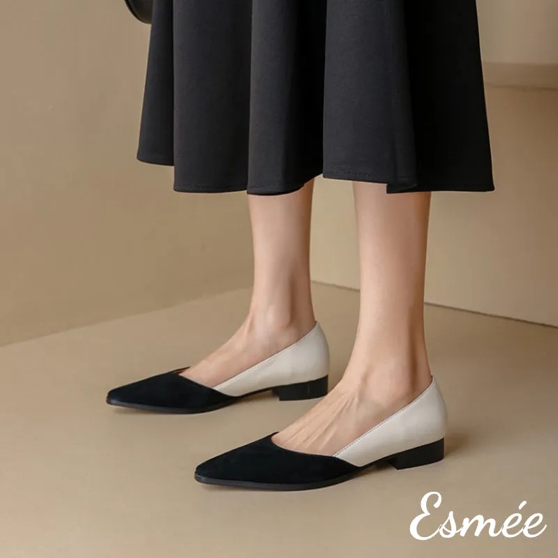 Dual Color Leather Low Heels with D'Orsay Design