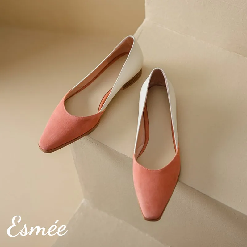 Dual Color Leather Low Heels with D'Orsay Design