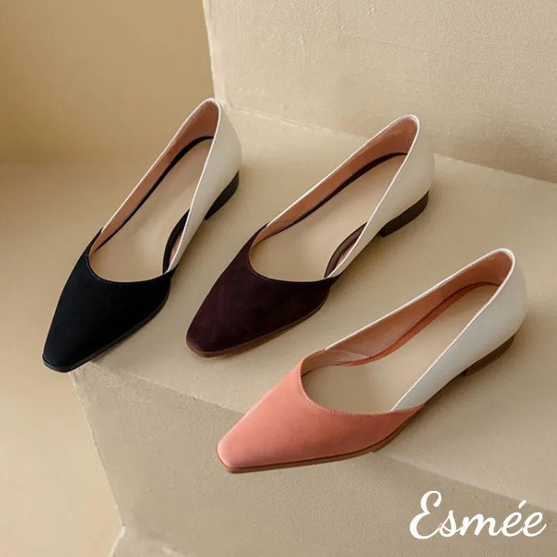 Dual Color Leather Low Heels with D'Orsay Design