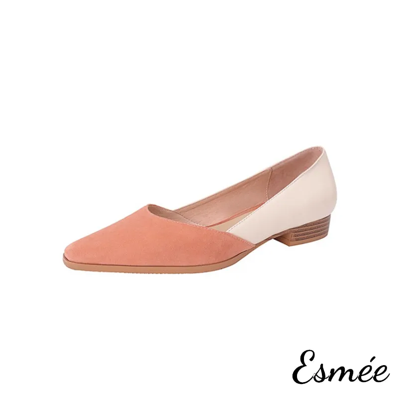Dual Color Leather Low Heels with D'Orsay Design