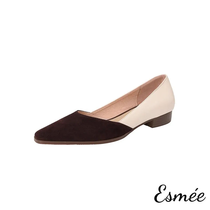 Dual Color Leather Low Heels with D'Orsay Design