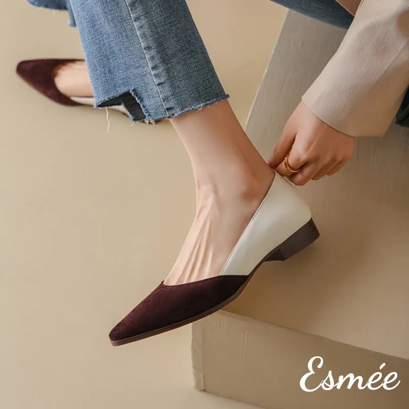 Dual Color Leather Low Heels with D'Orsay Design