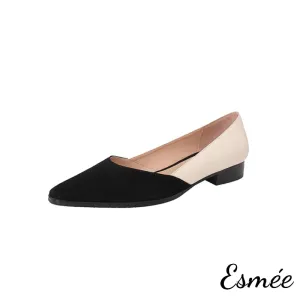 Dual Color Leather Low Heels with D'Orsay Design