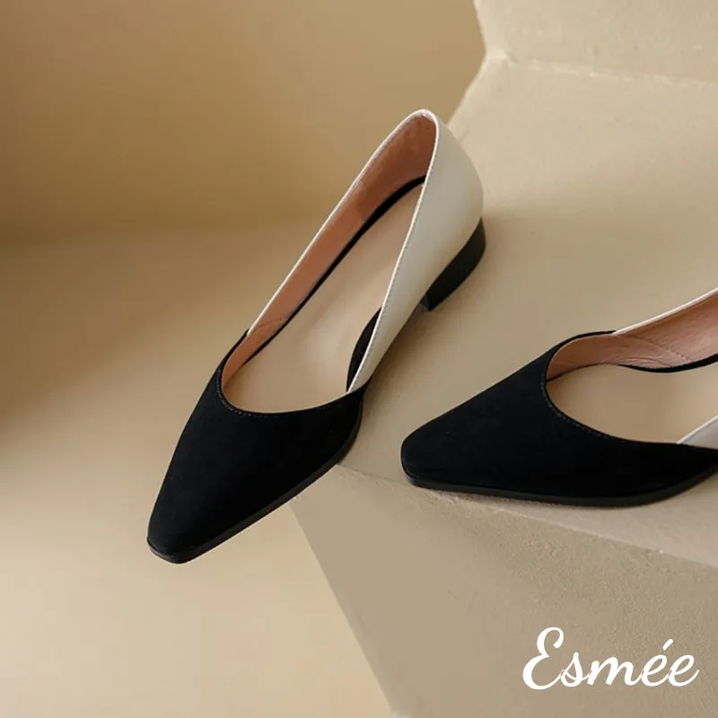 Dual Color Leather Low Heels with D'Orsay Design