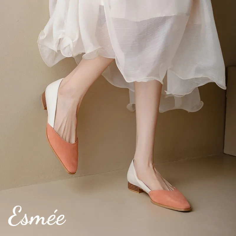 Dual Color Leather Low Heels with D'Orsay Design