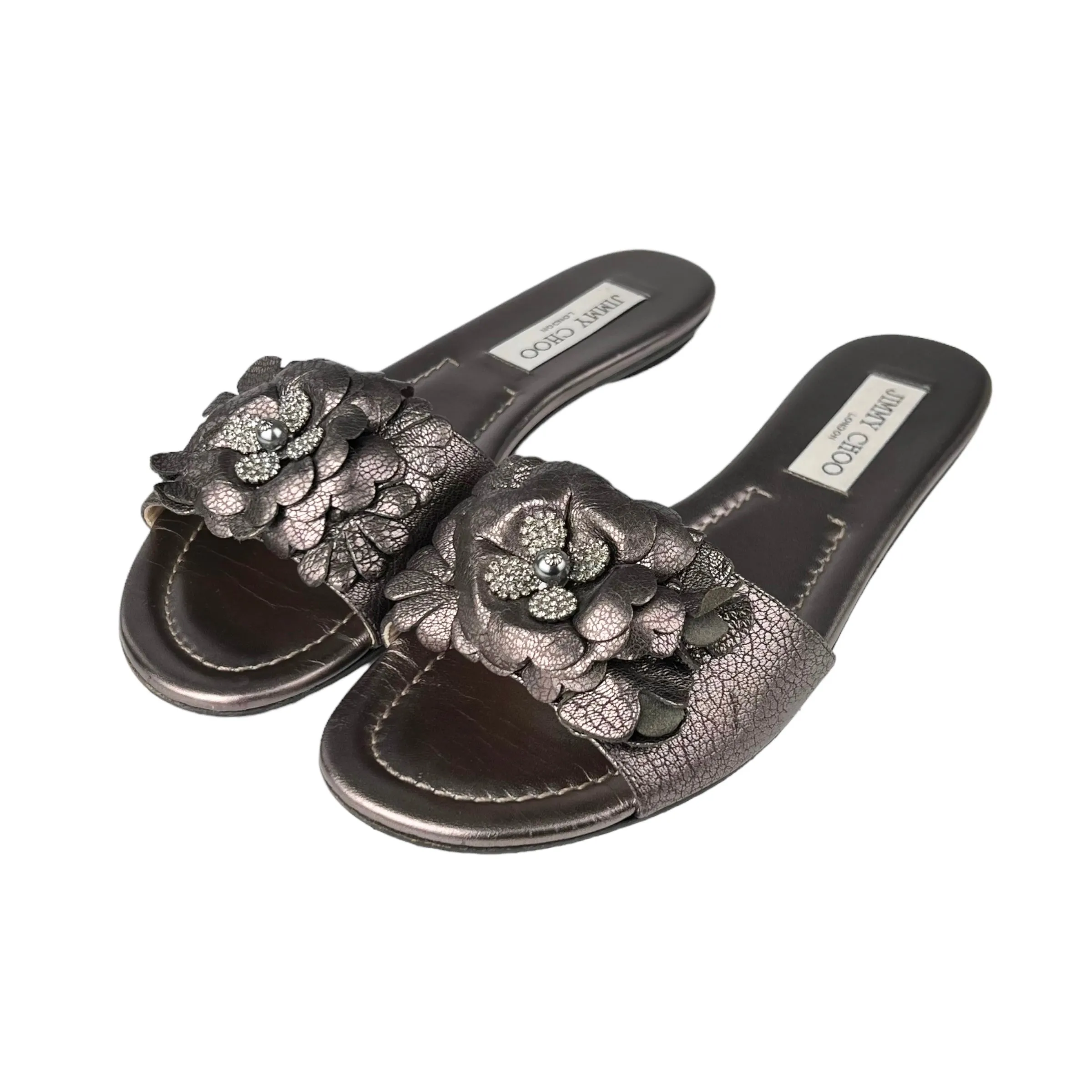 Jimmy Choo Metallic Mocha Leather Flower 'Neave' Flats