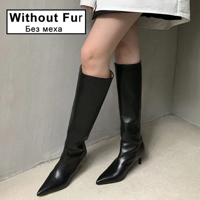 Trendy Genuine Leather Pointed Toe High Boots