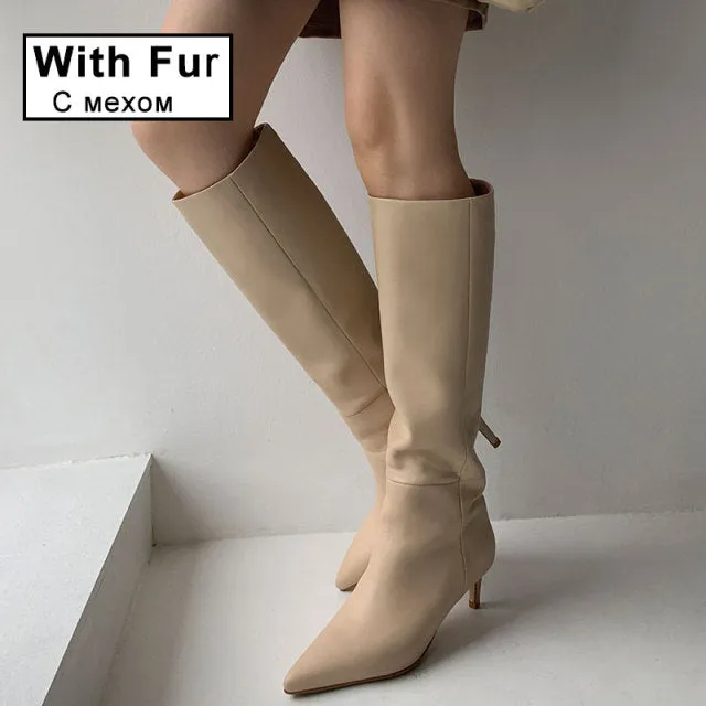 Trendy Genuine Leather Pointed Toe High Boots
