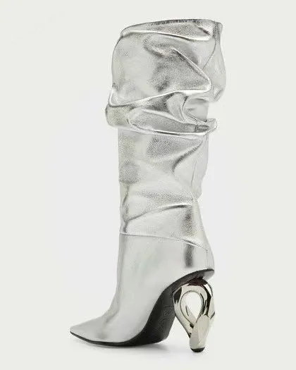 Trendy Pleated Wind Pointed Toe Mid-Calf Fashion Boots