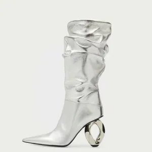 Trendy Pleated Wind Pointed Toe Mid-Calf Fashion Boots